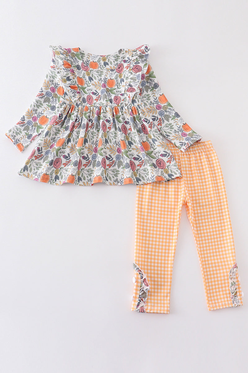 (Custom Design Preorder MOQ 5)  Flowers Pumpkin Tunic Top Plaid Pants Girls Fall Clothes Set