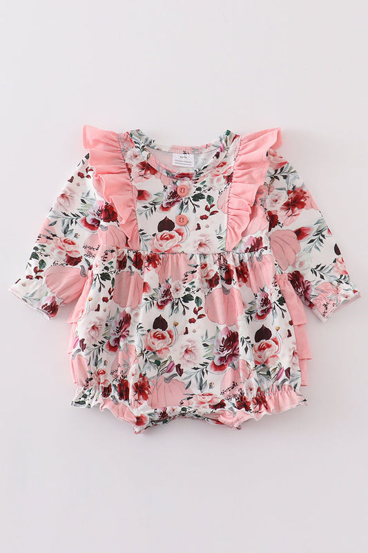 (Custom Design Preorder MOQ 5) Pink Flowers Pumpkin Print Baby Girls Fall Romper