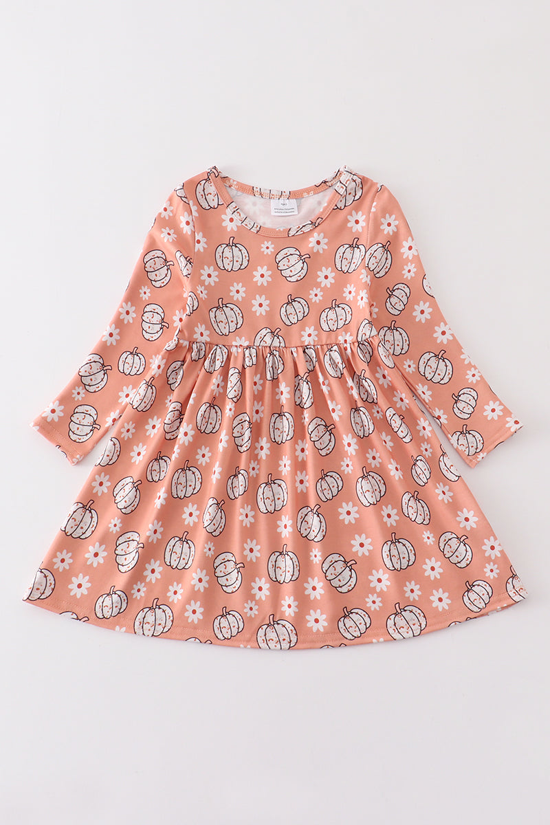 (Custom Design Preorder MOQ 5) Pumpkin Flowers Print Girls Knee Length Fall Dress