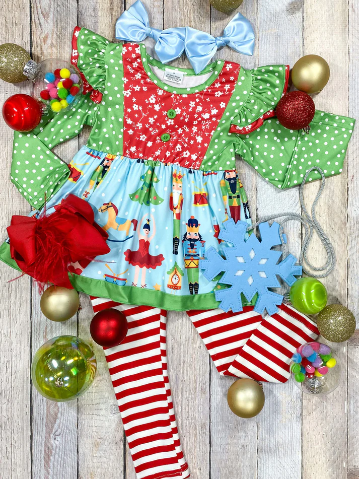 (Custom Design Preorder MOQ 5) Nutcracker Tunic Top Stripes Pants Girls Christmas Clothes Set