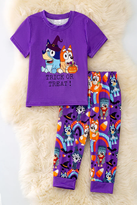 (Custom Design Preorder MOQ 5)  Cartoon Dog Pumpkin Candy Purple Print Kids Halloween Clothes Set