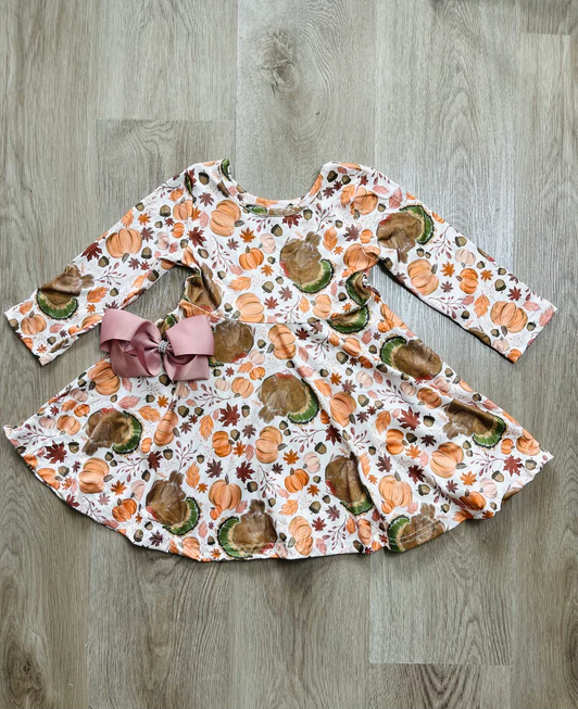 (Custom Design Preorder MOQ 5) Turkey Pumpkin Print Girls Knee Length Thanksgiving Dress