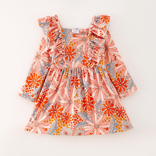 (Custom Design Preorder MOQ 5) Flowers Print Girls Knee Length Fall Dress