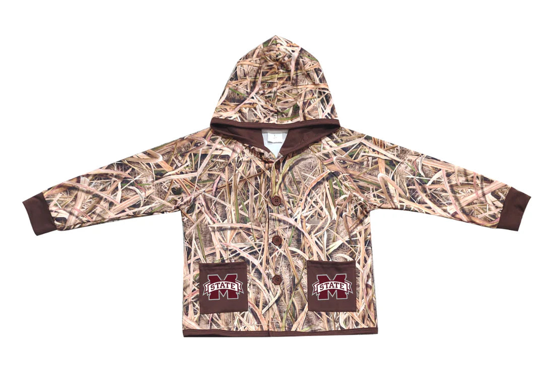 (Custom Design Preorder MOQ 5 Each Item) Team's Mississippi State Grasses Camo Print Pockets Buttons Kids Fall Hoodie Jackets Top Mom and Me Matching Clothes