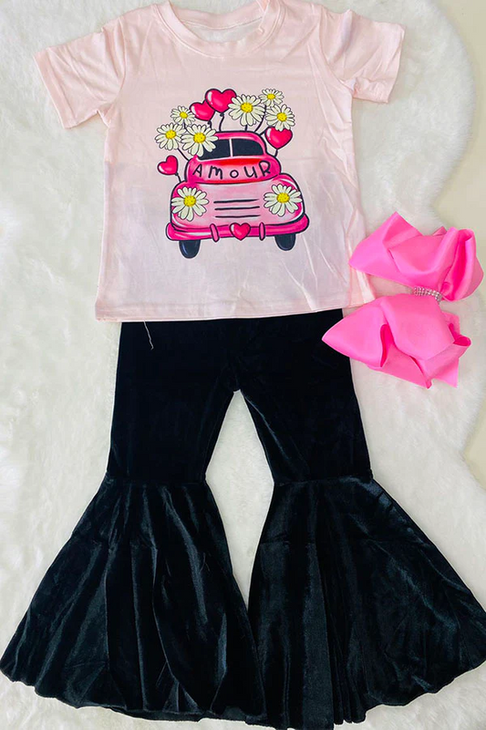 (Custom Design Preorder MOQ 5) Flower Truck Pink Top Black Bell Pants Girls Valentine's Day Clothes Set