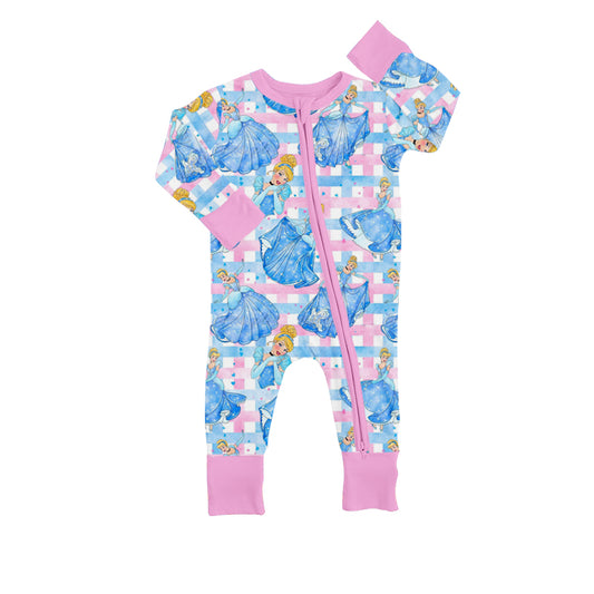 (Custom Design Preorder MOQ 5) Cartoon Blue Princess Print Baby Girls Zipper Romper