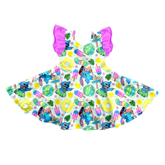 (Custom Design Preorder MOQ 5) Cartoon Animal Print Girls Summer Knee Length Dress