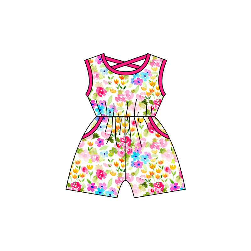 (Custom Design Preorder MOQ 5) Colorful Flowers Print Pockets Girls Summer Jumpsuits