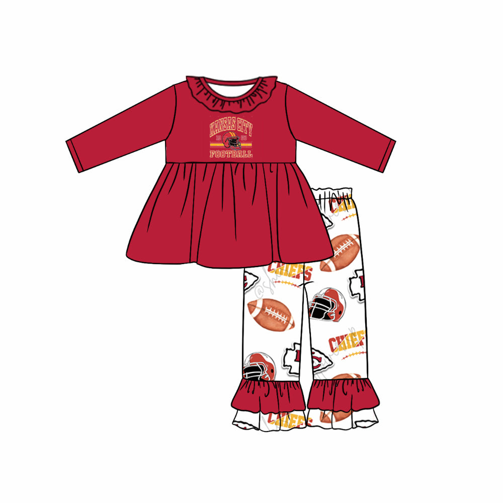 (Custom Design Preorder MOQ 5) Team's KC Red Tunic Top White Ruffle Pants Girls Fall Clothes Set