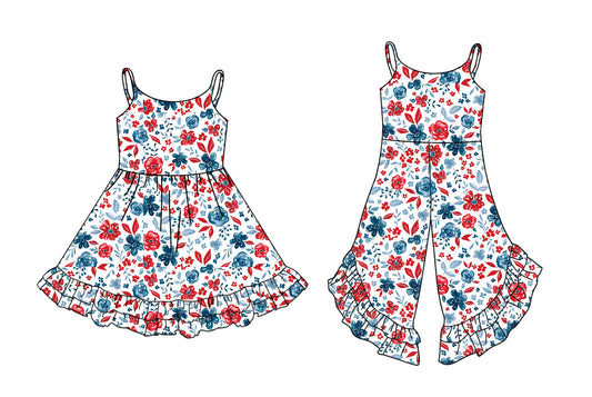 2.24(Custom Design Preorder MOQ 5 Each Design) Red Blue Flowers Print Girls 4th of July Matching Clothes Sisters Wear