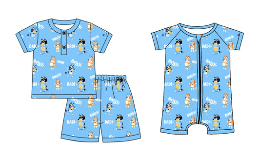 1.7(Custom Design Preorder MOQ 5 Each Design)  Cartoon Dog Blue Print Kids Summer Matching Clothes Sibling Wear