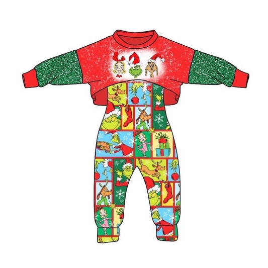 (Custom Design MOQ 5) Christmas Green Feog Girls Jumpsuits Clothes Set