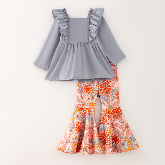 (Custom Design Preorder MOQ 5) Grey Tunic Top Flowers Bell Pants Girls Fall Clothes Set