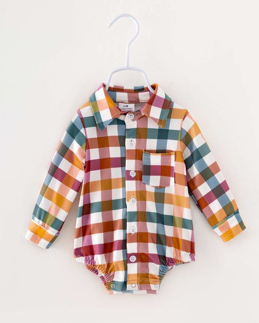 (Custom Design Preorder MOQ 5) Blue Wine Orange Plaid Print Baby Boys Fall Romper