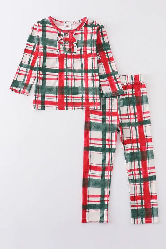 (Custom Design Preorder MOQ 5) Green Red Plaid Print Girls Christmas Pajamas Clothes Set