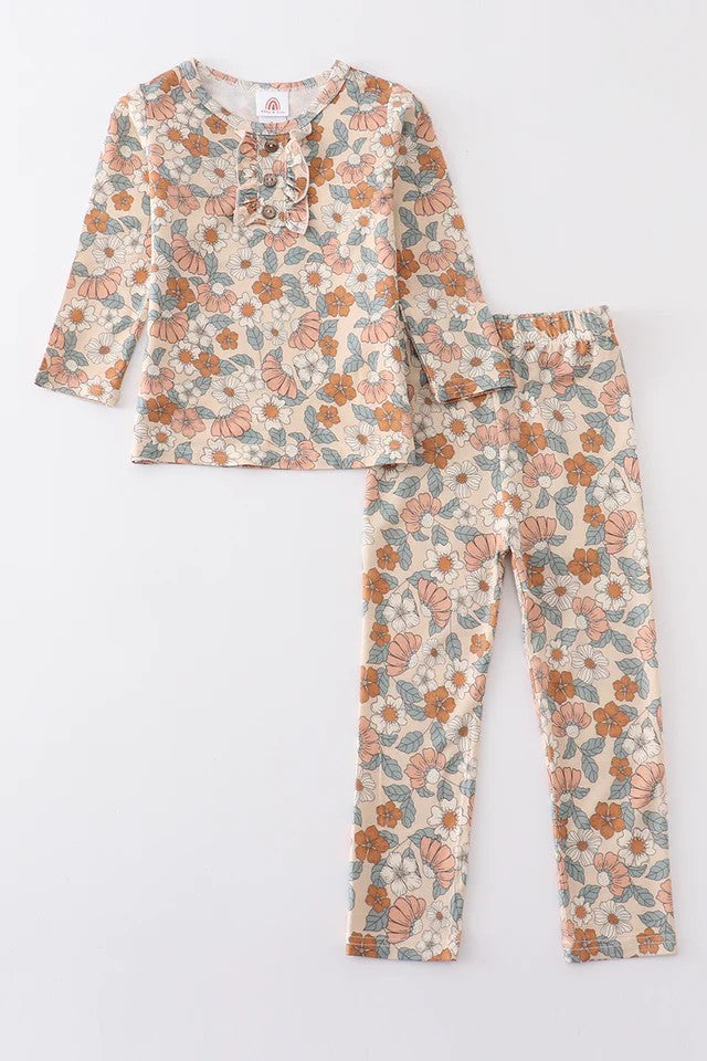 (Custom Design Preorder MOQ 5) Flowers Print Girls Fall Pajamas Clothes Set