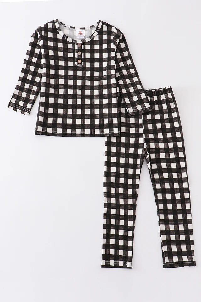 (Custom Design Preorder MOQ 5) Black Plaid Print Kids Fall Pajamas Clothes Set