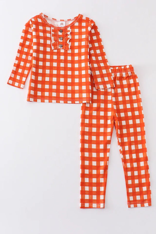 (Custom Design Preorder MOQ 5) Orange Plaid Print Girls Fall Pajamas Clothes Set