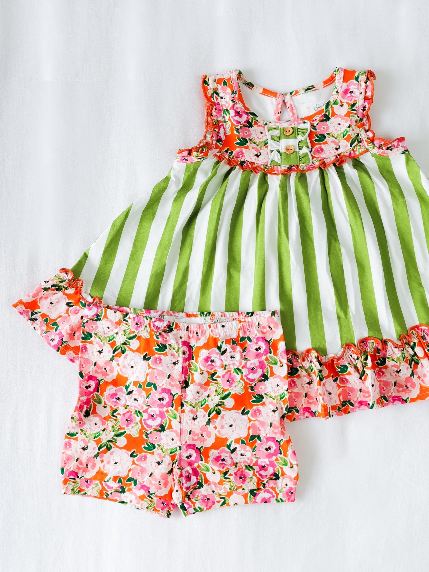 (Custom Design Preorder MOQ 5) Pink Red Flowers Tunic Top Shorts Girls Summer Clothes Set