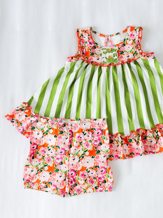 (Custom Design Preorder MOQ 5) Pink Red Flowers Tunic Top Shorts Girls Summer Clothes Set