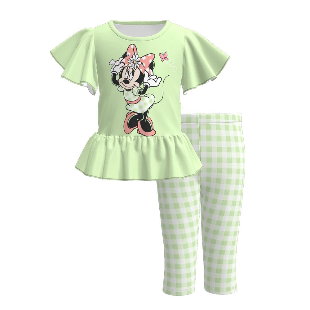 (Custom Design Preorder MOQ 5) Cartoon Mouse Green Top Plaid Pants Girls Clothes Set
