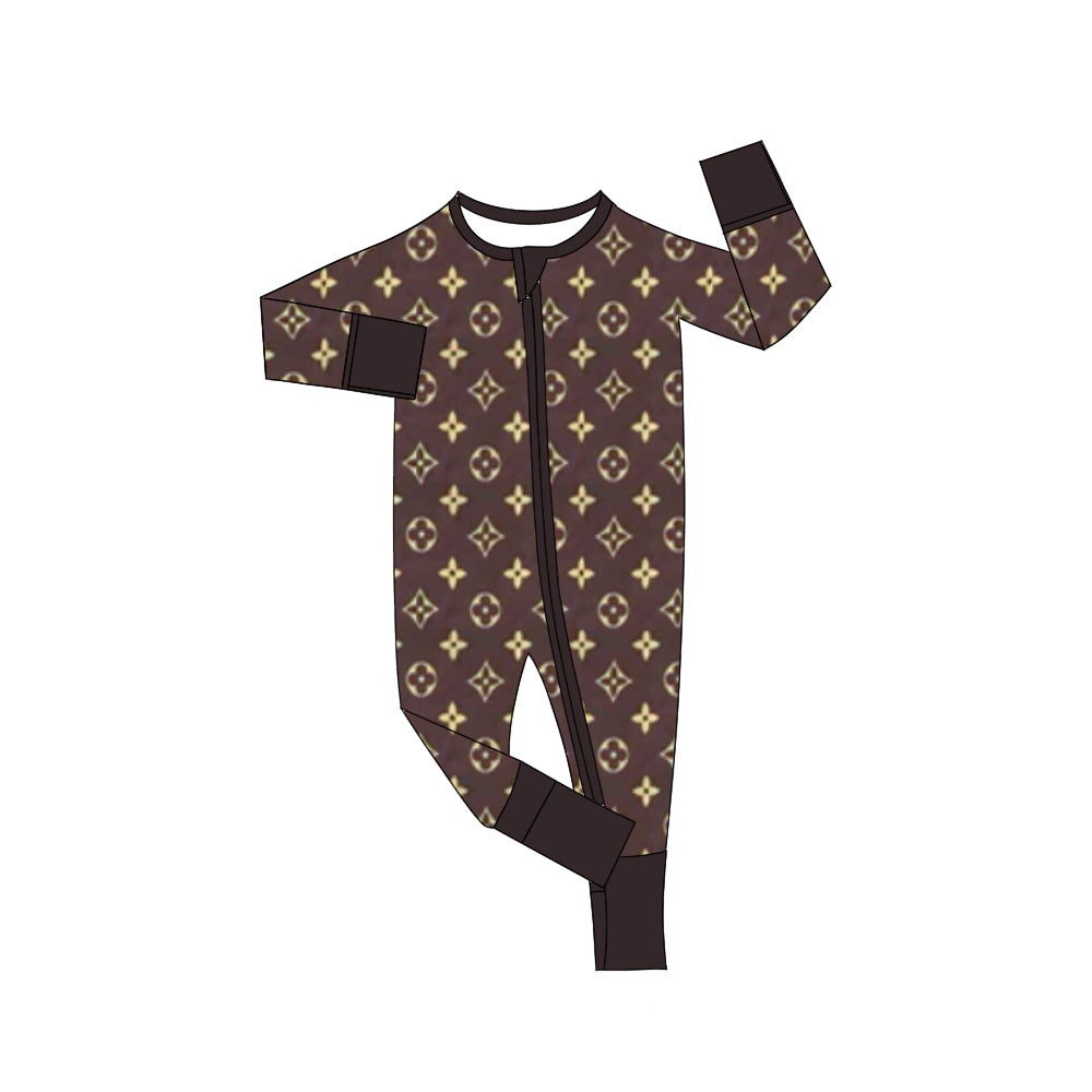 (Custom Design Preorder MOQ 5)  Brown Flowers Print Baby Girls Bamboo Fall Sleeper Zipper Romper