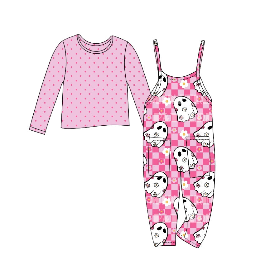 (Custom Design Preorder MOQ 5) Pink Dots Top Ghost Flowers Jumpsuits Girls Halloween Clothes Set