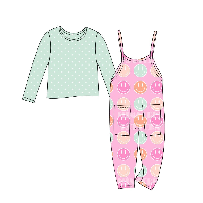 (Custom Design Preorder MOQ 5) Green Dots Top Smiling Jumpsuits Girls Fall Clothes Set