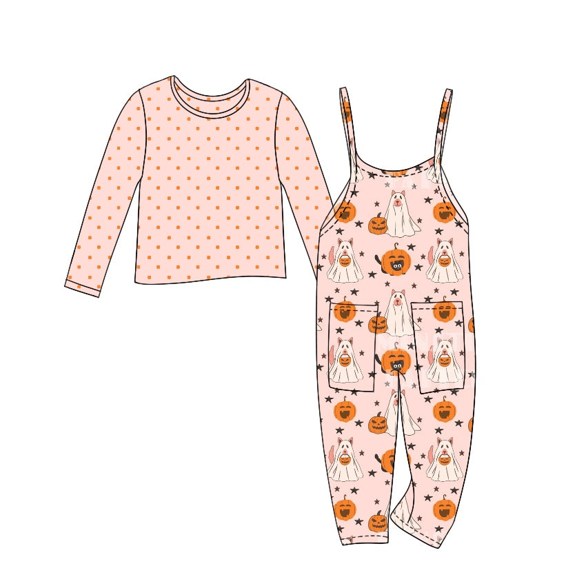 (Custom Design Preorder MOQ 5) Orange Dots Top Pumpkin Ghost Jumpsuits Girls Halloween Clothes Set