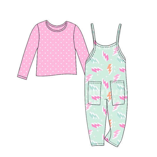 (Custom Design Preorder MOQ 5) Pink Dots Top Flash Jumpsuits Girls Fall Clothes Set