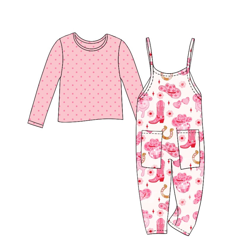 (Custom Design Preorder MOQ 5) Pink Dots Top Boots Flowers Jumpsuits Girls Fall Clothes Set