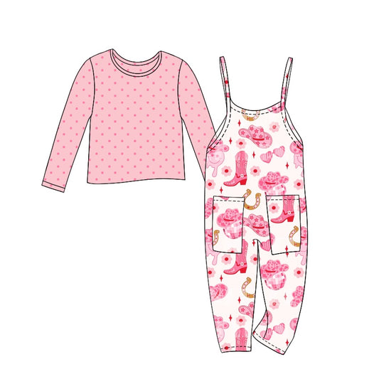 (Custom Design Preorder MOQ 5) Pink Dots Top Boots Flowers Jumpsuits Girls Fall Clothes Set