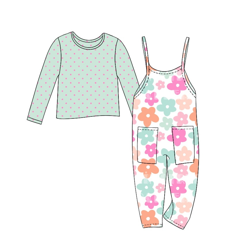 (Custom Design Preorder MOQ 5) Green Pink Dots Top Flowers Jumpsuits Girls Fall Clothes Set