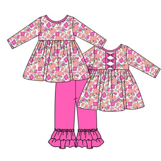 (Custom Design Preorder MOQ 5) Hotpink Flowers Pumpkin Tunic Top Ruffle Pants Girls Fall Clothes Set