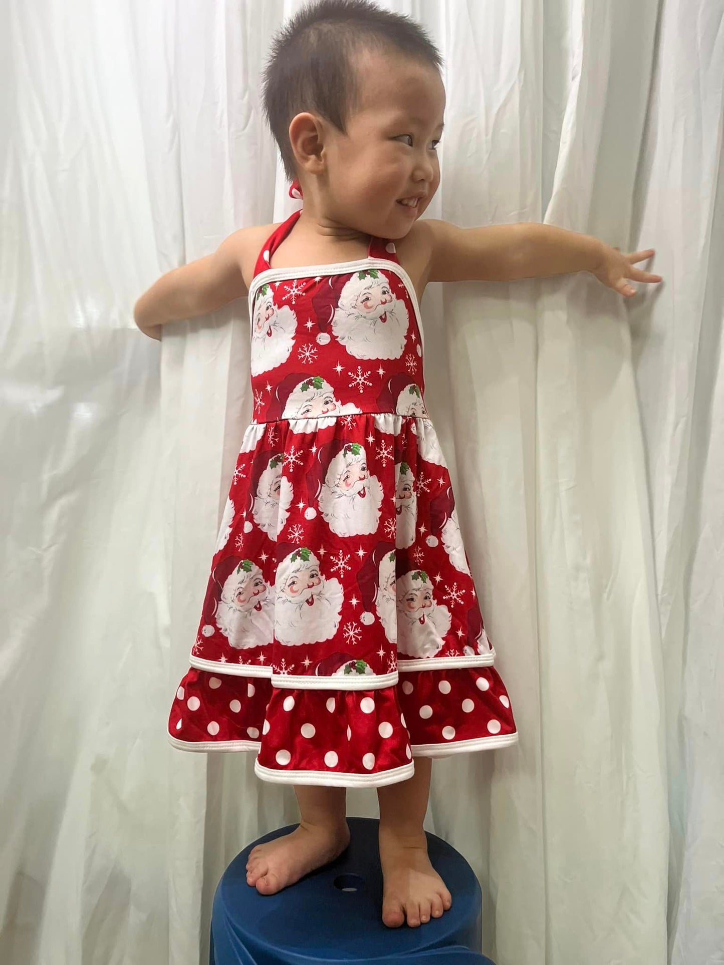 GSD1345 Santa Red Dots Print Girls Knee Length Christmas Halter Dress