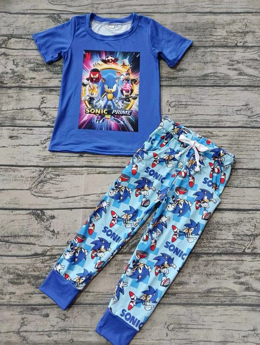 (Custom Design Preorder MOQ 5)  Cartoon Sonic Blue Print Boys Clothes Set