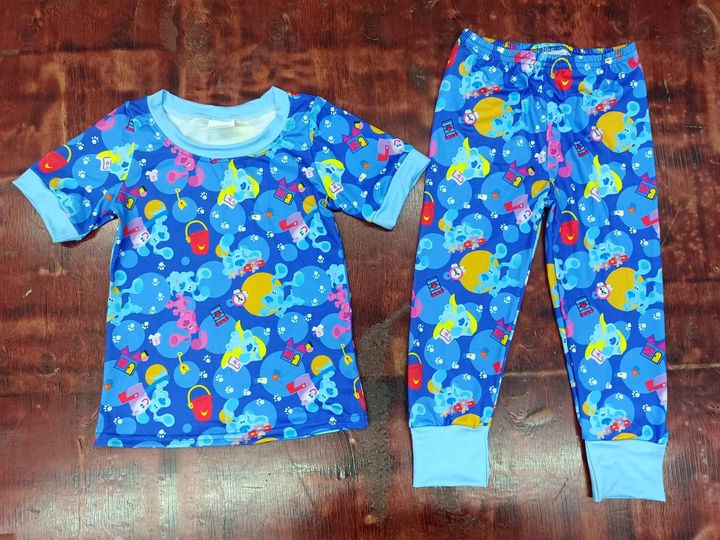 (Custom Design Preorder MOQ 5)  Blue Cartoon Dog Print Boys Pajamas Clothes Set