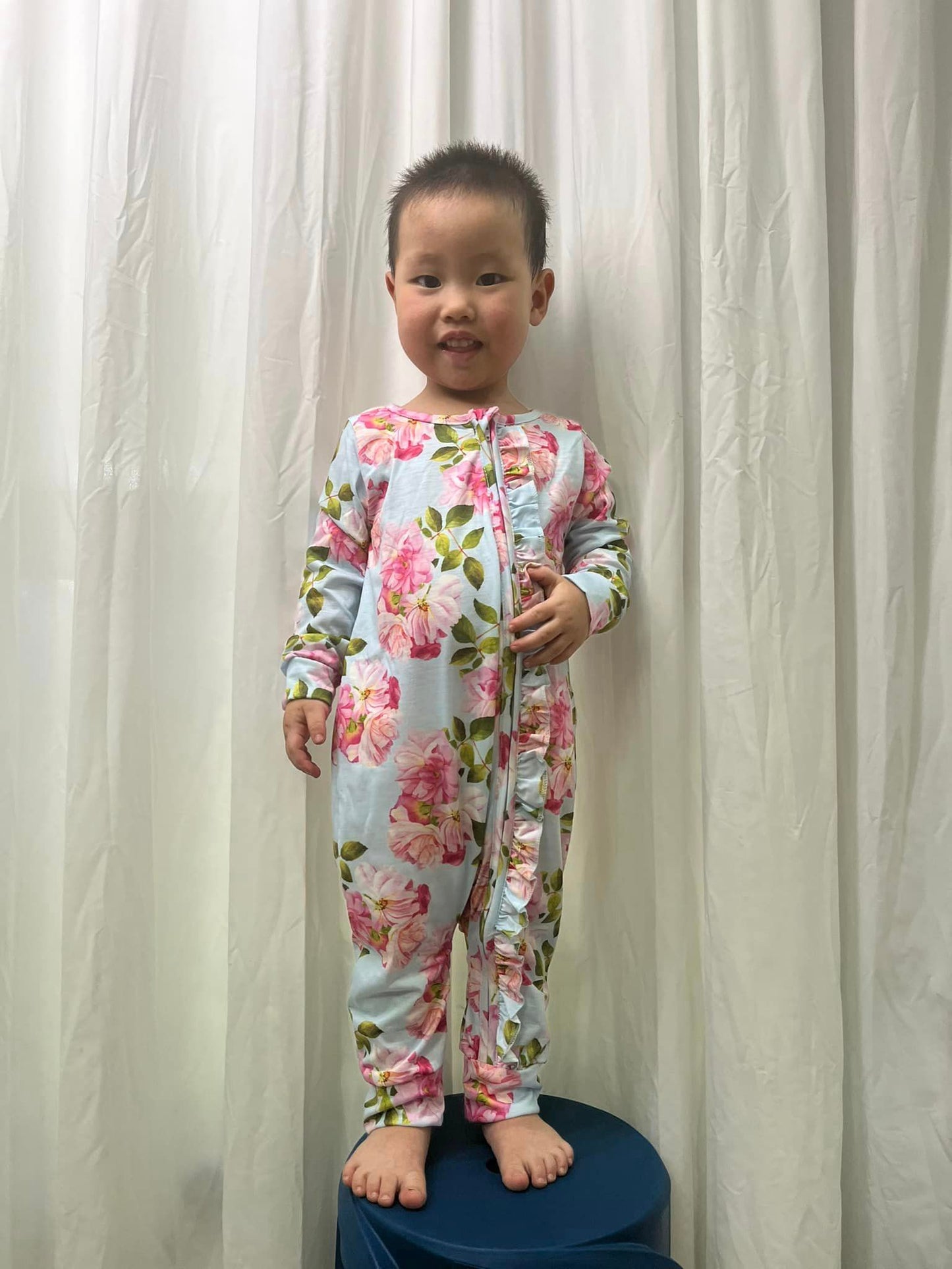 LR0880 Blue Flowers Print Baby Girls Bamboo Zipper Sleeper Romper