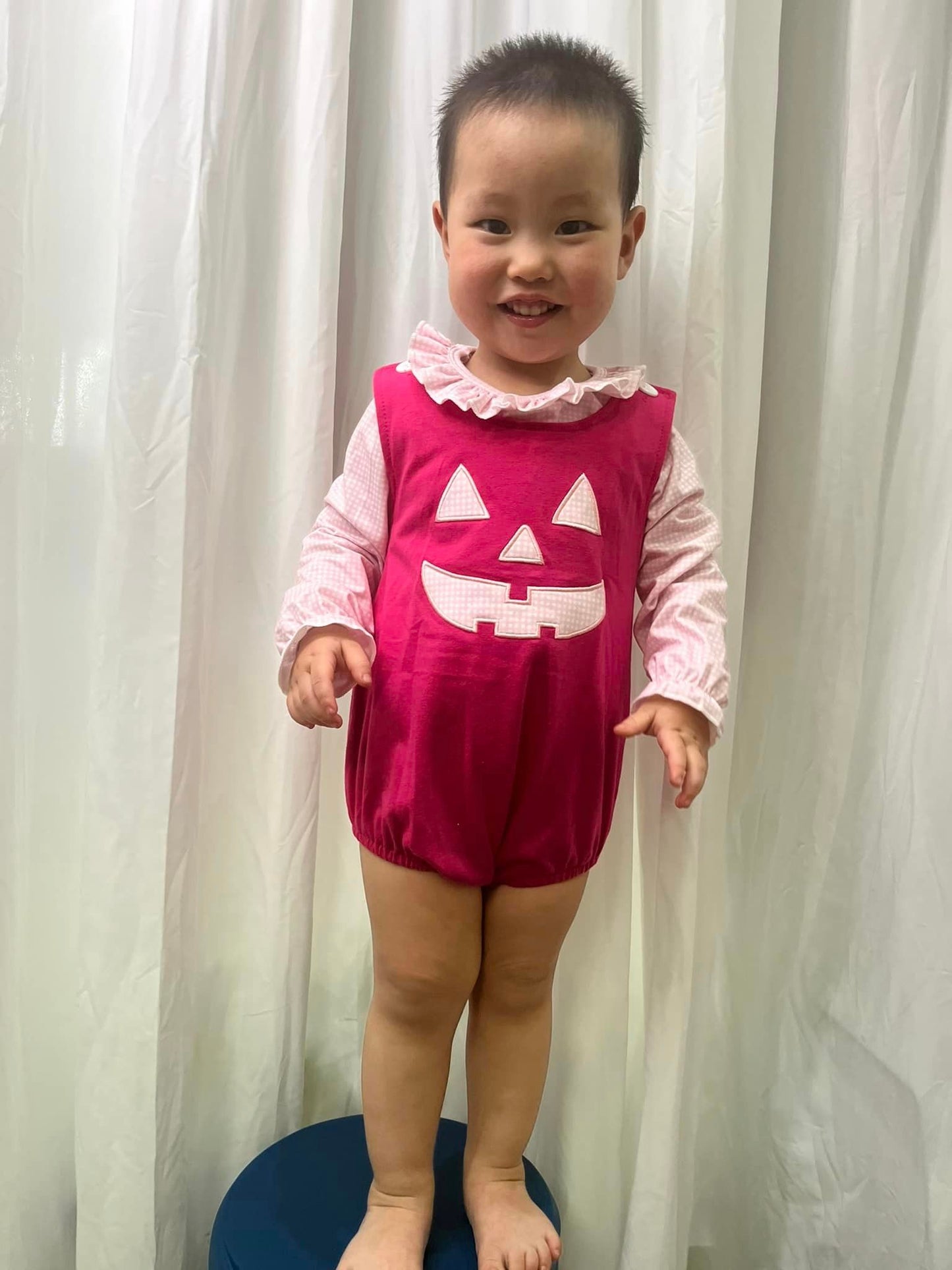 LR1171 Pink Plaid Top Halloween Ghost Face Embroidery Romper Baby Girls 2 Pieces Halloween Clothes Set