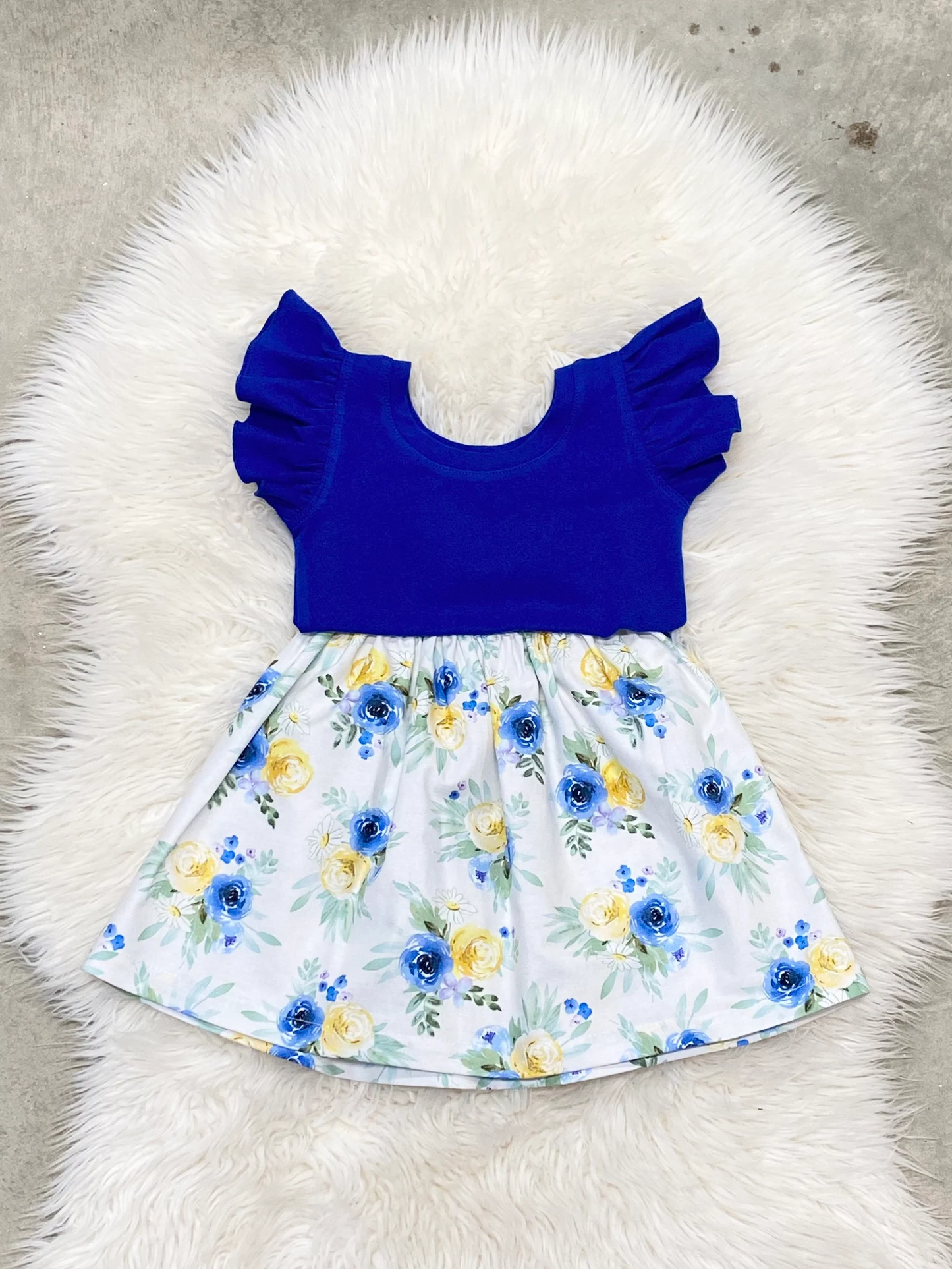 (Custom Design Preorder MOQ 5) Flowers Print Blue Girls Knee Length Summer Dress