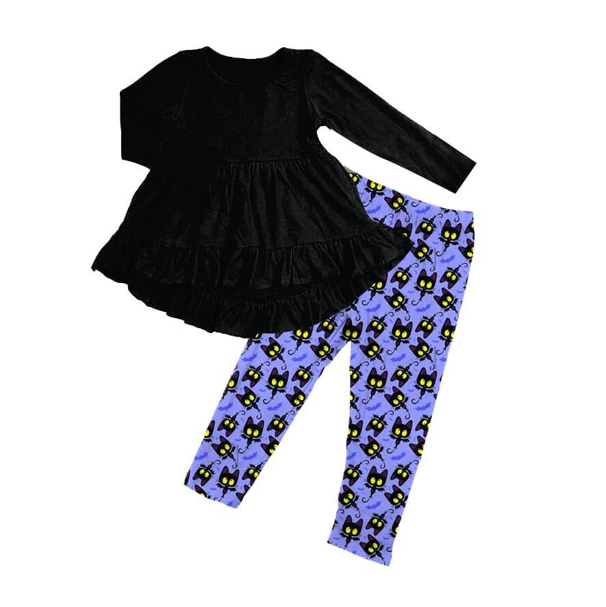 (Custom Design Preorder MOQ 5) Black Tunic Top Bat Pants Girls Halloween Clothes Set