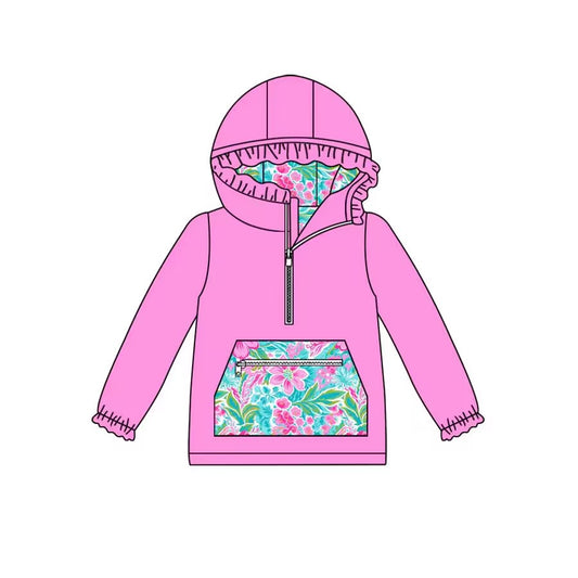 (Custom Design Preorder MOQ 5) Flowers Pink Print Girls Long Sleeve Zipper Hoodie Shirts Top