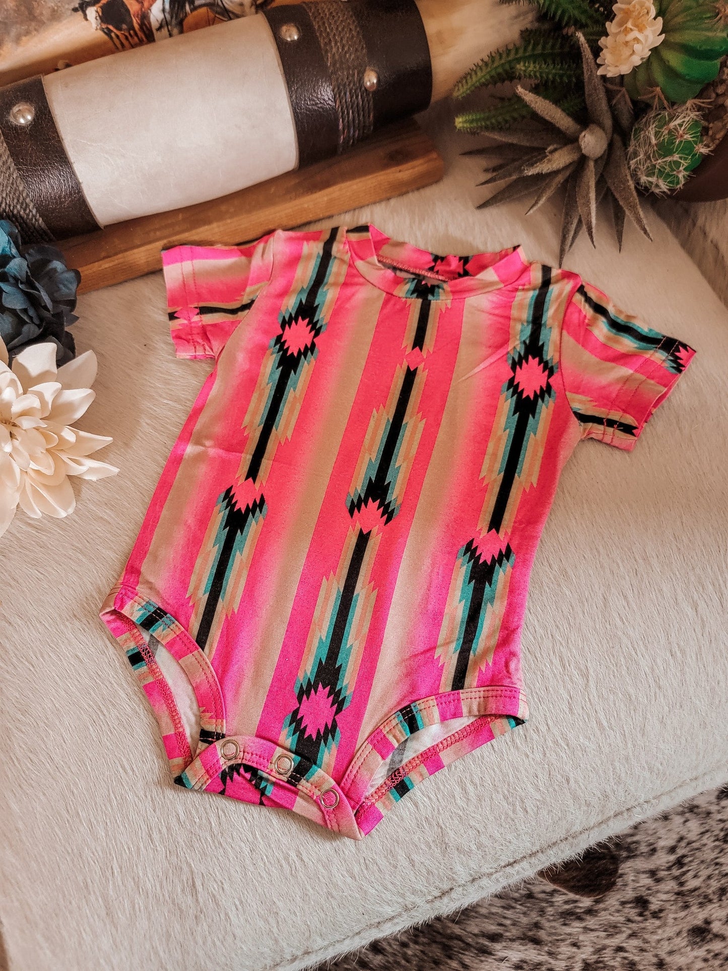 (Custom Design Preorder MOQ 5) Pink Aztec Print Baby Girls Western Romper