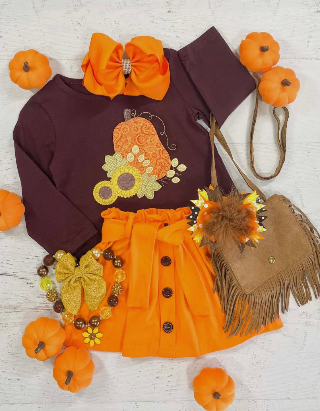 (Custom Design Preorder MOQ 5) Pumpkin Top Orange Skirts Girls Fall Clothes Set