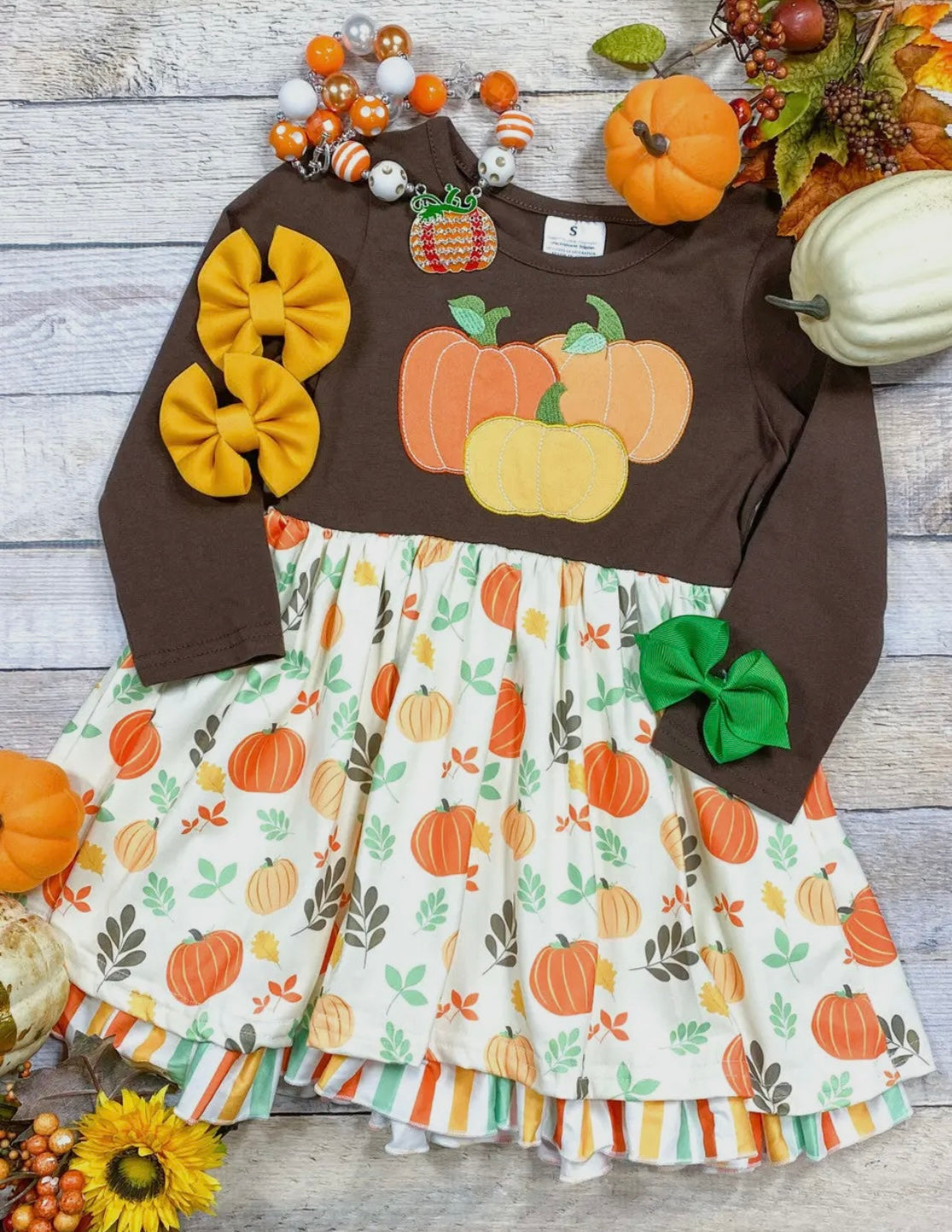 (Custom Design Preorder MOQ 5) Pumpkin Leaf Print Girls Knee Length Fall Dress