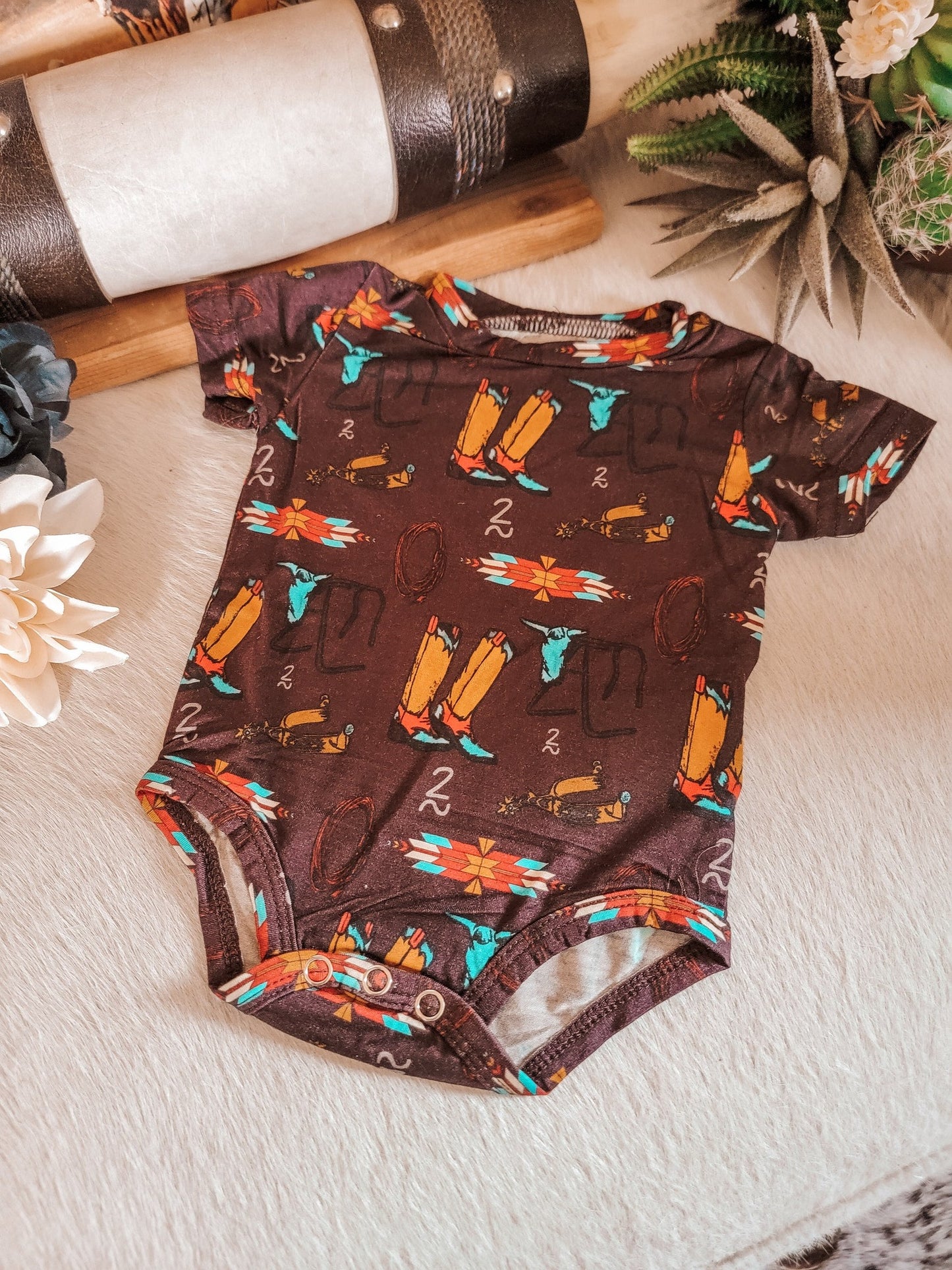 (Custom Design Preorder MOQ 5) Boots Aztec Brown Print Baby Boys Western Romper