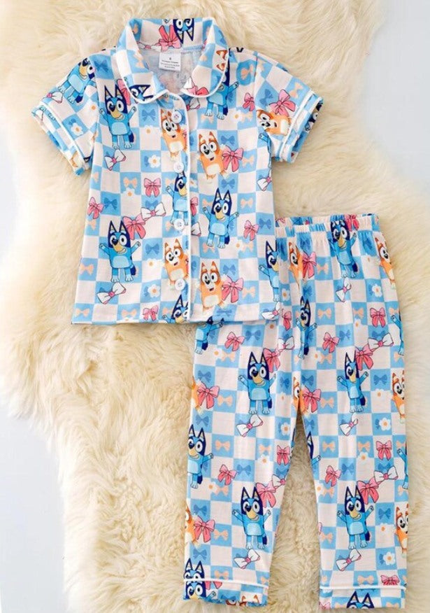 (Custom Design Preorder MOQ 5) Cartoon Dog Bows Blue Plaid Print Girls Buttons Pajamas Clothes Set