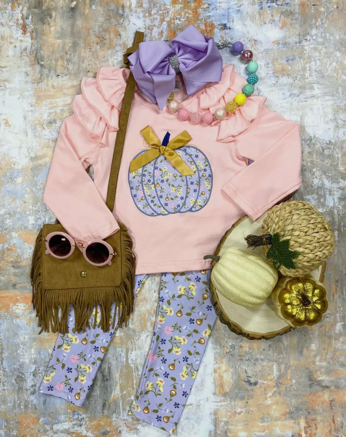 (Custom Design Preorder MOQ 5) Pink Pumpkin Top Flowers Pants Girls Fall Clothes Set