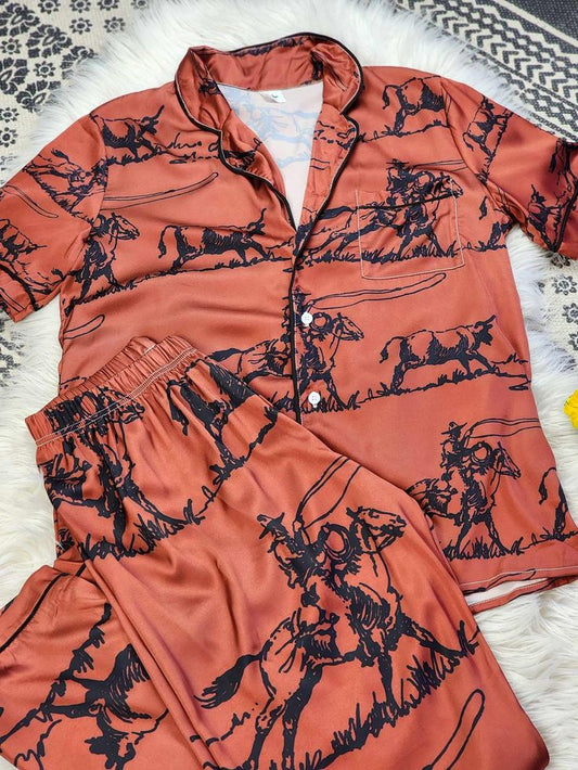 (Custom Design Preorder MOQ 5)  Adult Cowboy Print Woman Buttons Pajamas Clothes Set