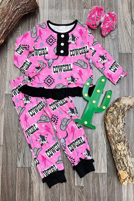 (Custom Design Preorder MOQ 5) Cowgirl Aztec Hat Skull Pink Print Girls Pajamas Clothes Set